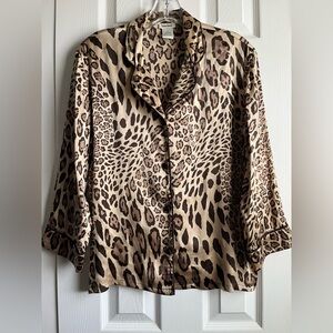 Neiman Marcus Brown Leopard 100% Silk Print Pajama Style Shirt Small